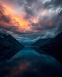 A striking image of a glassy fjord reflecting a sunset under intense, dramatic stormy skies. The scene is characterized by a 