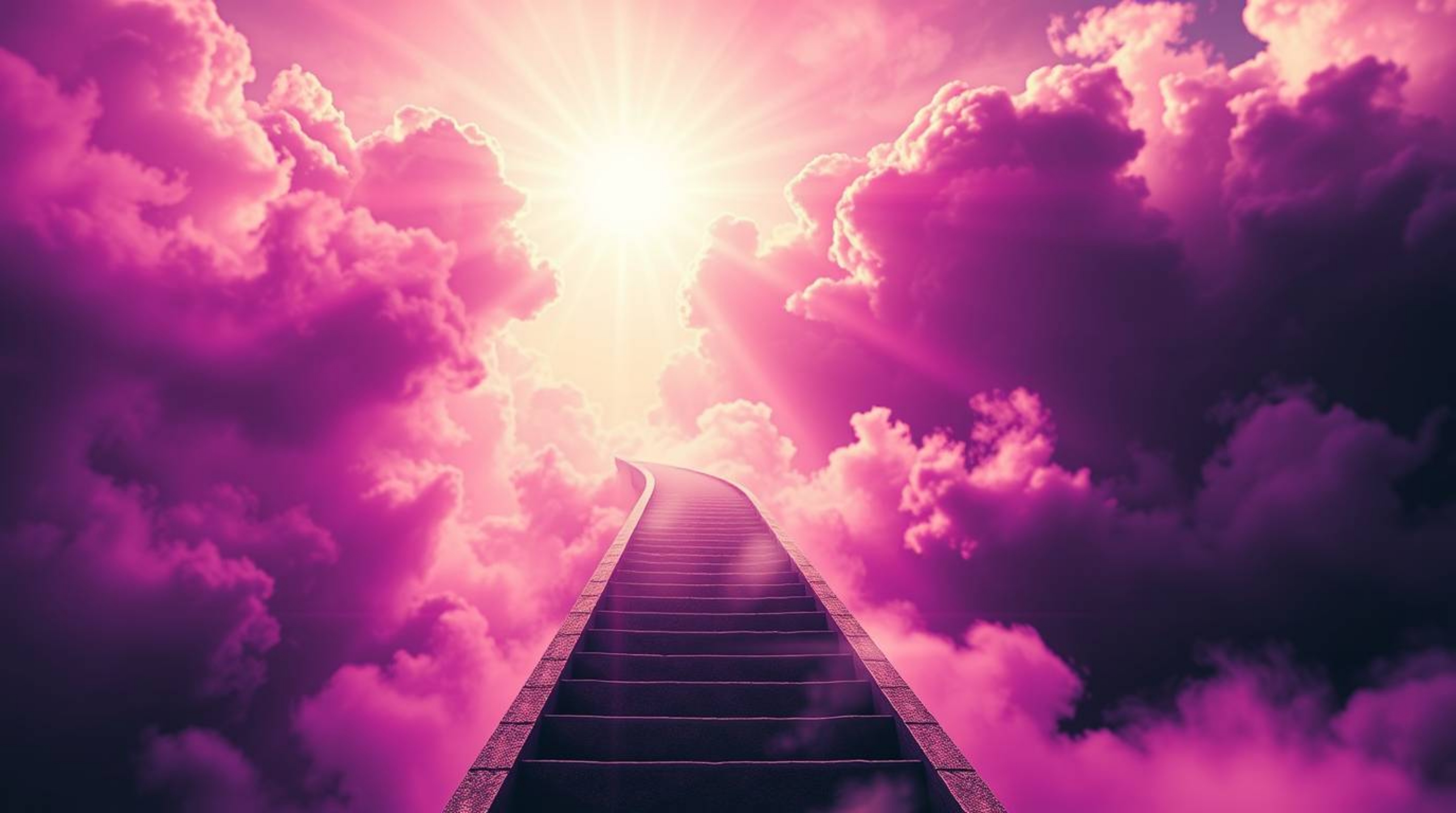 A mesmerizing digital artwork depicts a surreal stairway ascending through smoky clouds towards a brilliant celestial light. 
