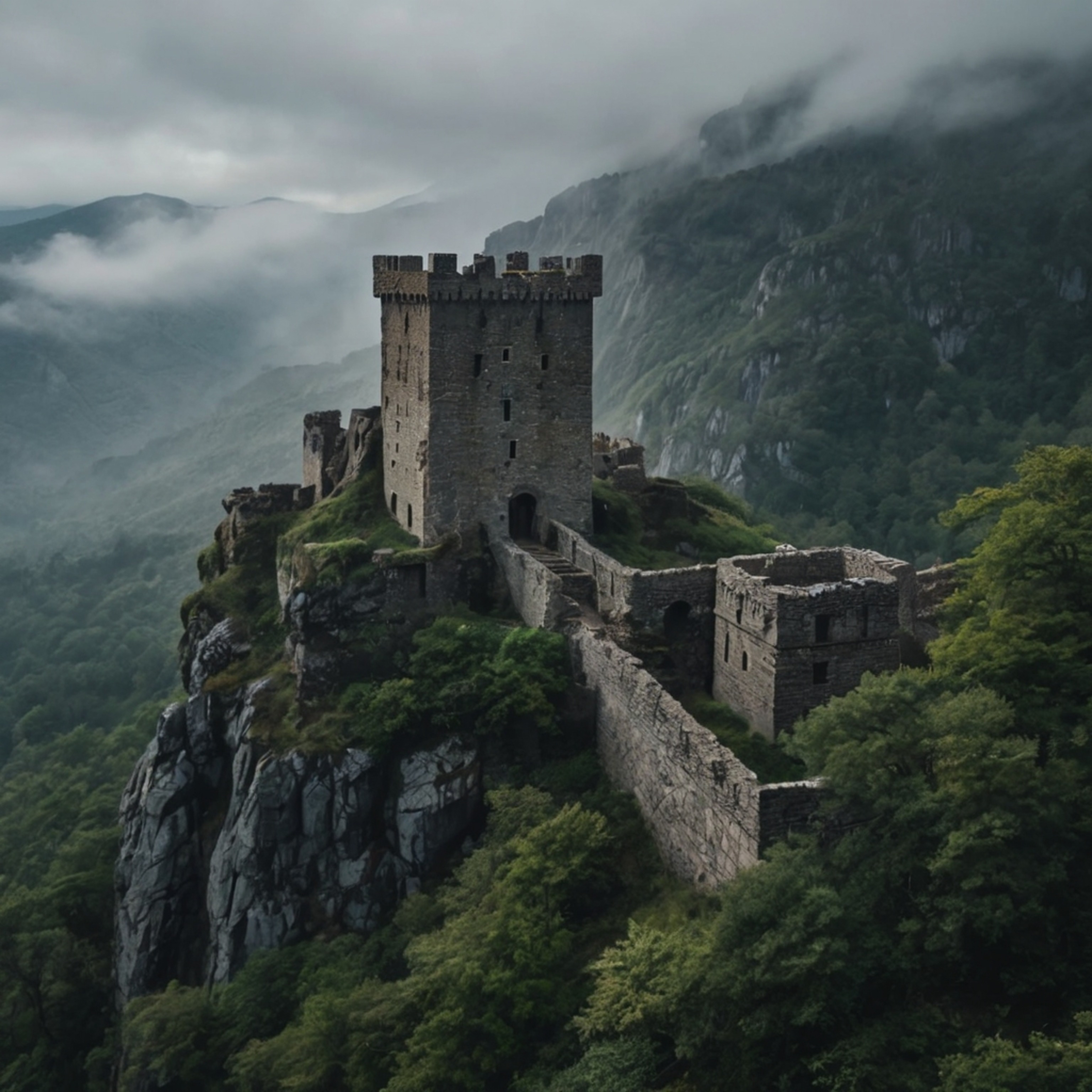 Discover the allure of an ancient stone castle dramatically perched atop a rugged cliff. This historical landmark is envelope