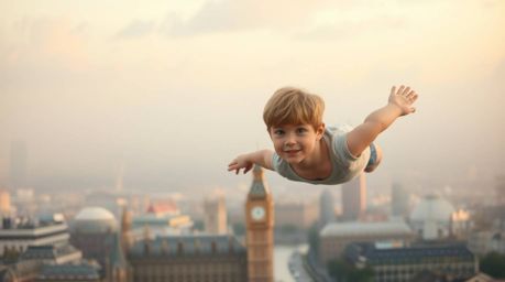 A young boy with delicate features floats gently above a dreamlike London, rendered in a soft pastel palette. Subtle diffused