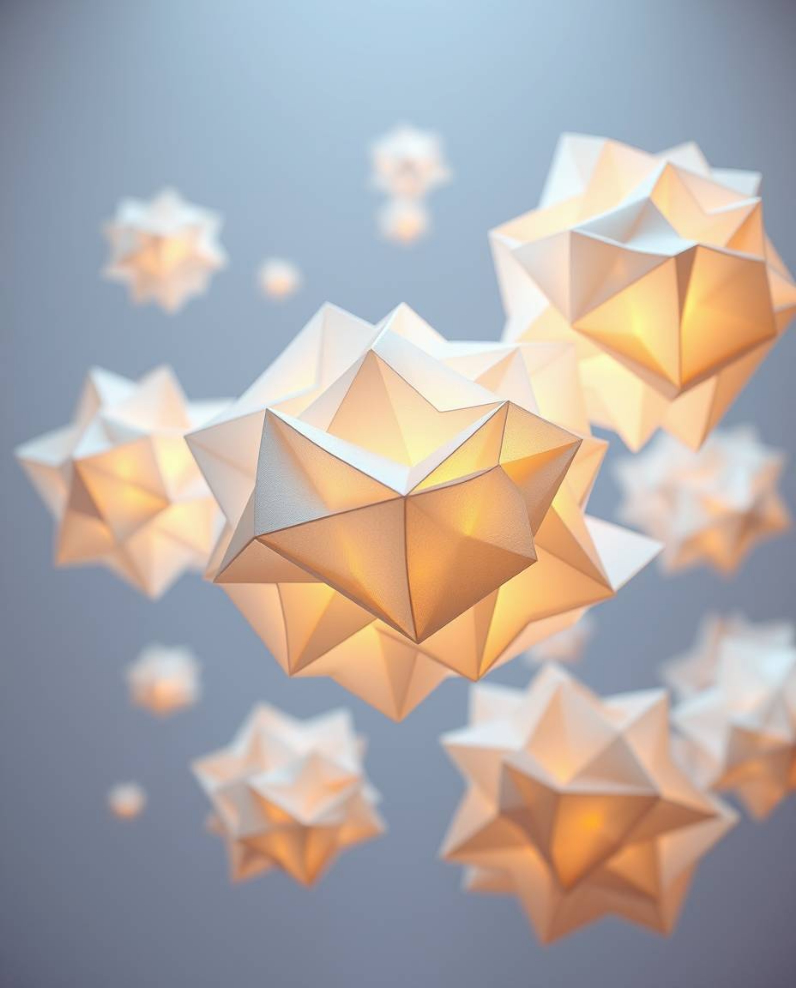 This captivating 3D render showcases intricate, origami-style fluid organic blobs floating ethereally in space. The design bl