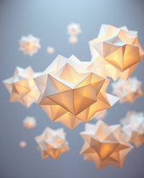 This captivating 3D render showcases intricate, origami-style fluid organic blobs floating ethereally in space. The design bl