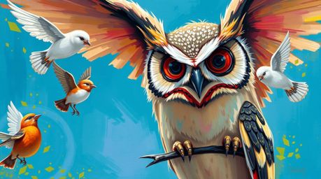 A bold acrylic painting, rendered in the distinctive Pixar style, depicts a blind owl with clearly defined features passionat