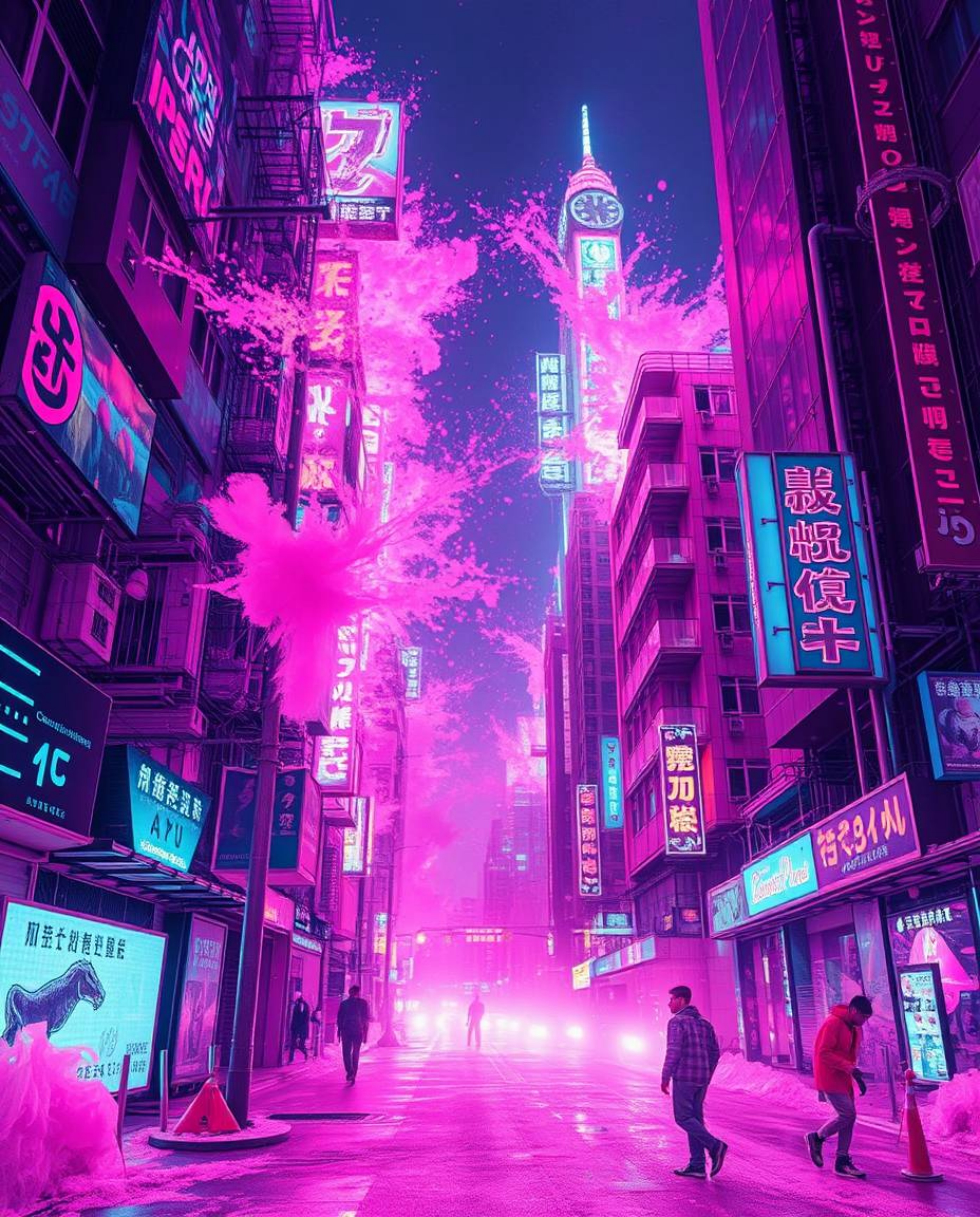 Explore a stunning surreal infrared toned creative light art depicting colorful neon splashes in a futuristic cyberpunk citys