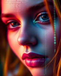 A captivating close-up showcasing a human face undergoing a digital transformation into a data stream through a glitch effect