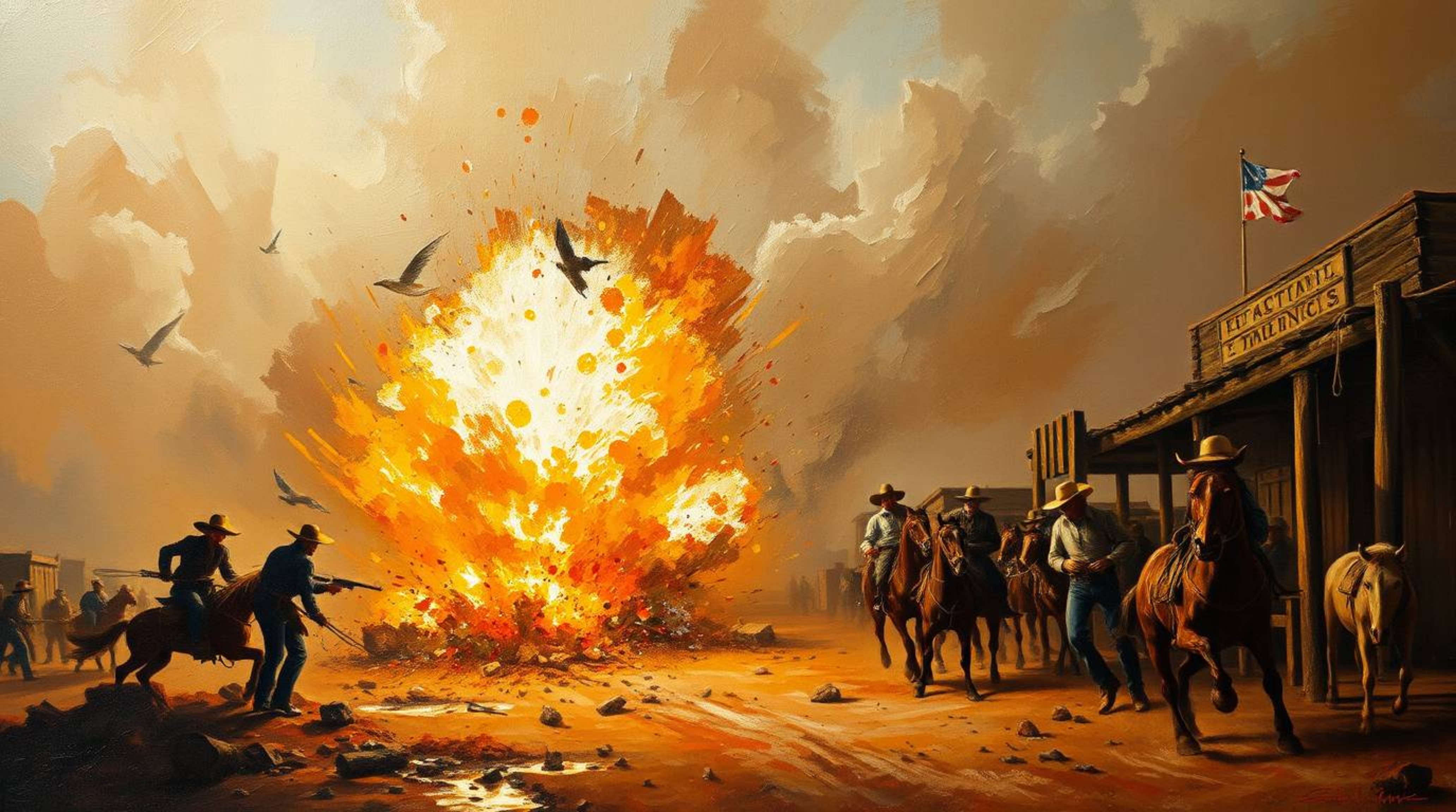 A captivating classic oil painting depicts a dramatic TNT explosion in the Wild West.  The artwork showcases rich textures, v