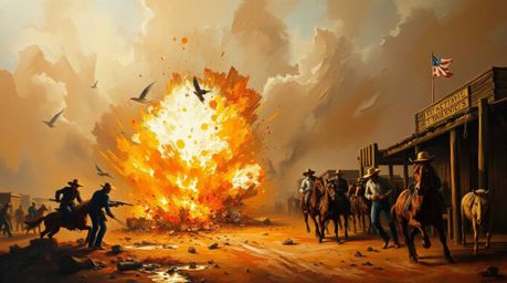 A captivating classic oil painting depicts a dramatic TNT explosion in the Wild West.  The artwork showcases rich textures, v