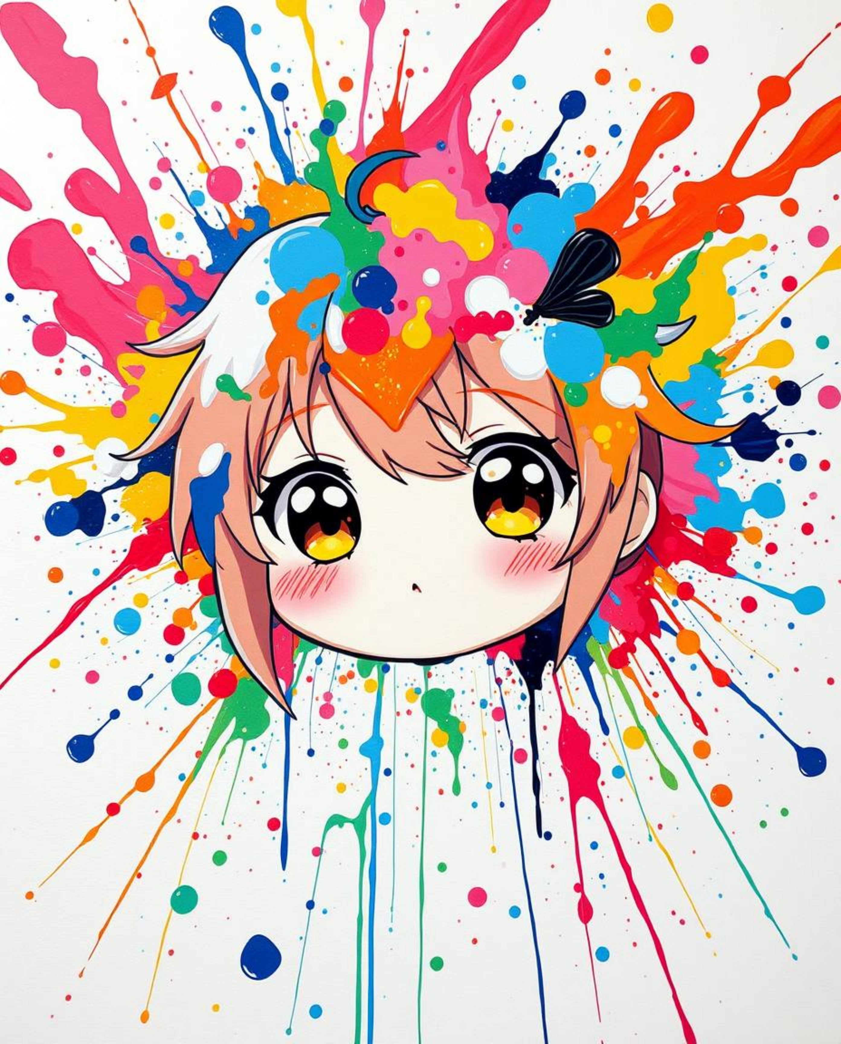 Explore a vibrant isekai anime style with an explosion of colorful paint splashes on a white canvas. This high-detail abstrac