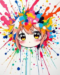 Explore a vibrant isekai anime style with an explosion of colorful paint splashes on a white canvas. This high-detail abstrac