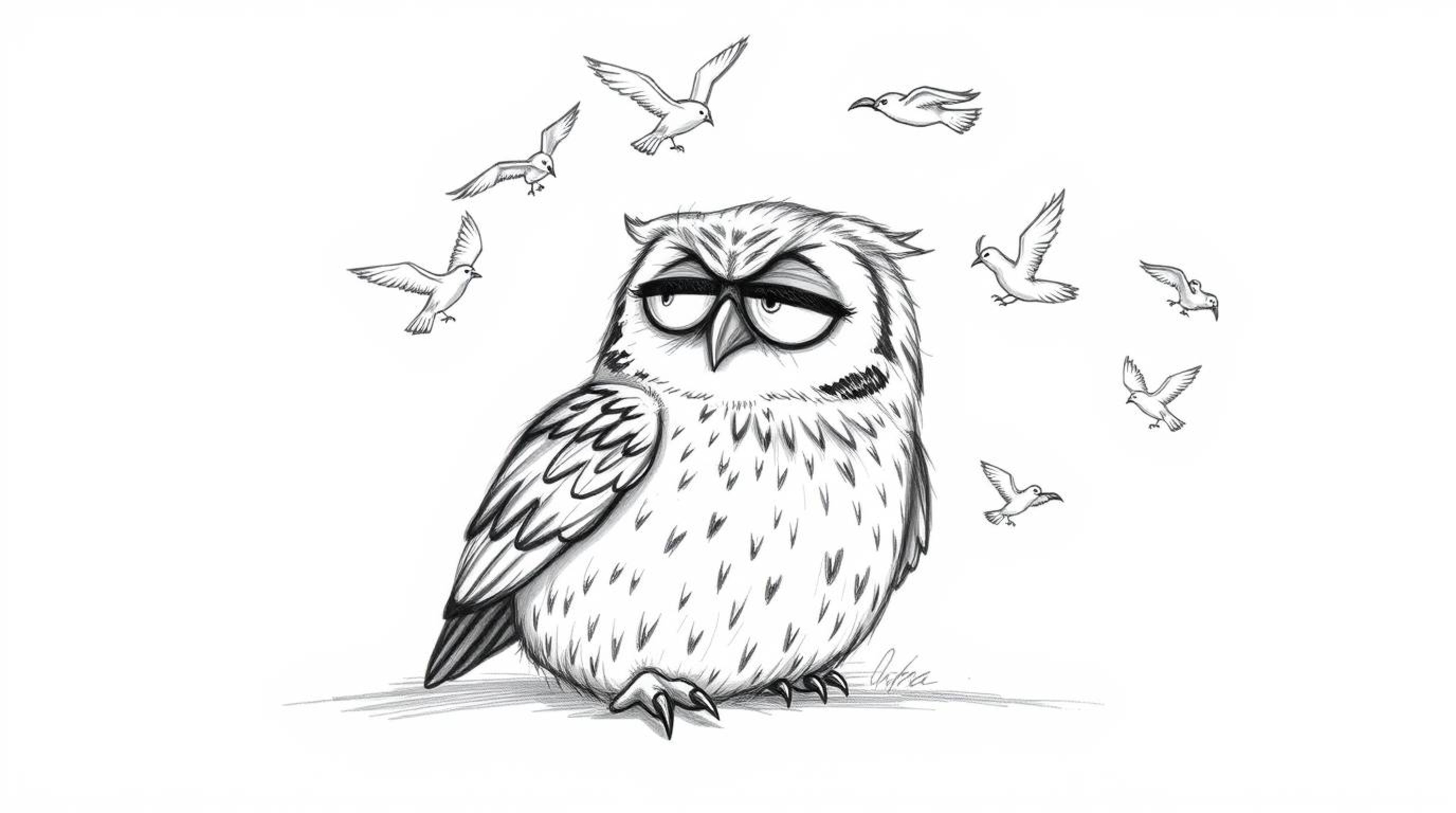 A heartwarming Pixar-style hand-drawn sketch depicts a blind owl resting peacefully while birds joyfully circle him, learning