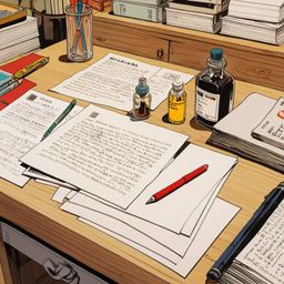 A captivating collection of vintage postcards, antique pens, and a classic ink bottle are artfully scattered across the surfa