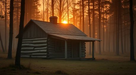 Capture the serene beauty of a sunset woods scene with this high-resolution stock photo featuring an old wooden cabin. The so