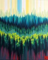 This bold acrylic painting captures a captivating digital glitch disrupting the serenity of a natural forest, creating a surr