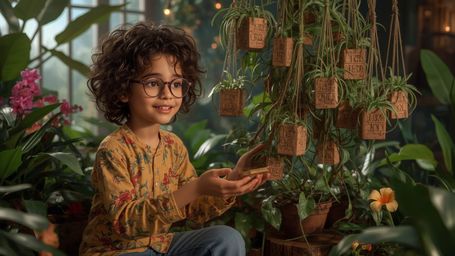A highly detailed, high-resolution stock photo features a bespectacled, curly-haired young prodigy in a colorful, whimsical o