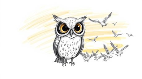A charming hand-drawn sketch, in the style of Pixar, depicts a blind owl with expressive eyes leading a classroom of flying b
