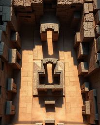 This is an overhead bird's eye view of origami-style ancient stone ruins, with a sunset casting long shadows. The scene is en