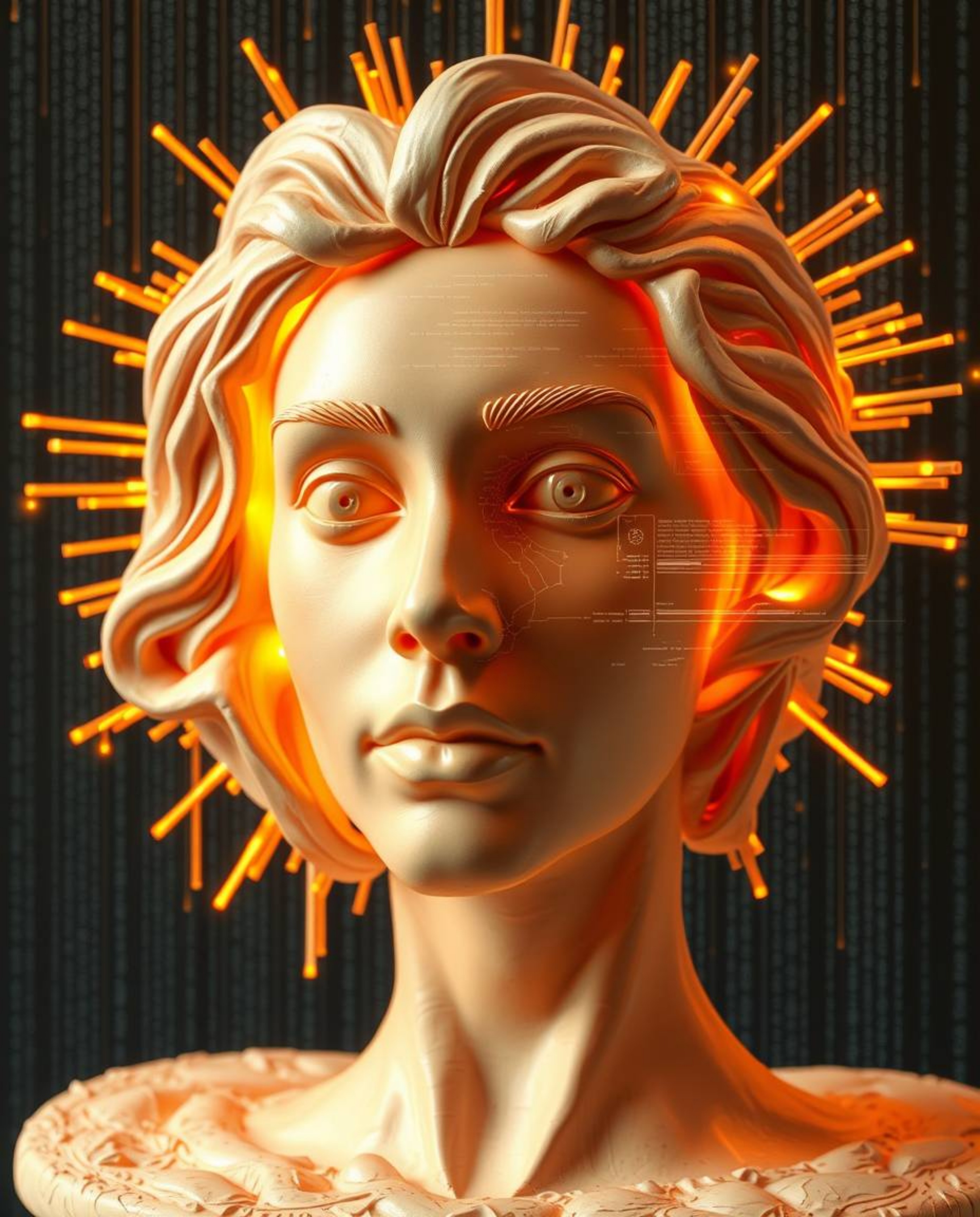 This artwork features sculptural clay art depicting a human face undergoing a digital glitch transformation into a data strea