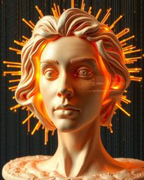 This artwork features sculptural clay art depicting a human face undergoing a digital glitch transformation into a data strea