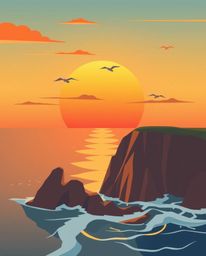 A modern flat design illustration captures an adorable and charming sunset over a coastal cliff. Soaring birds are rendered i