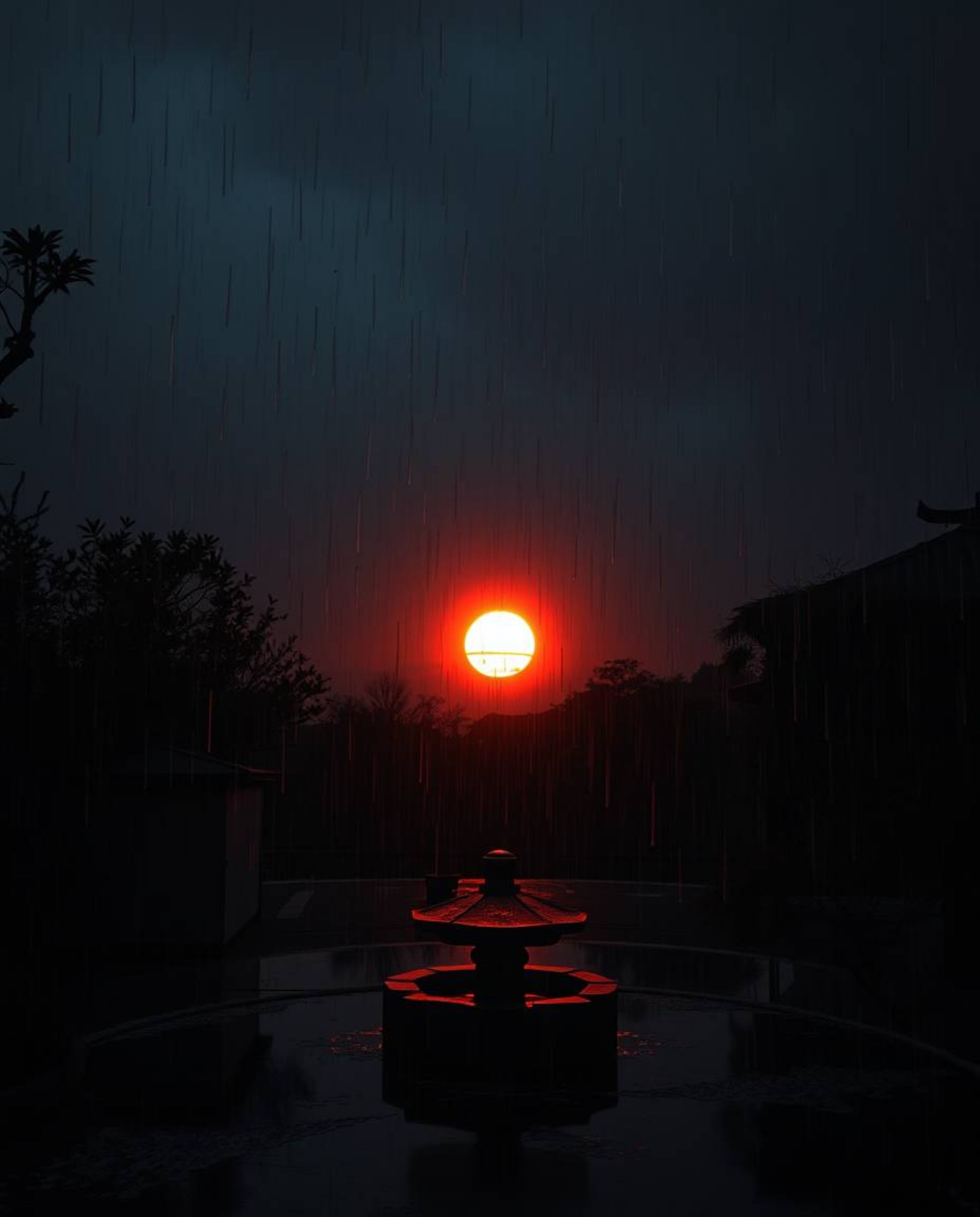 Experience a serene Zen garden at sunset, transformed by an eerie and creepy atmosphere. This dark and atmospheric scene is s