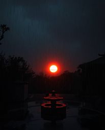 Experience a serene Zen garden at sunset, transformed by an eerie and creepy atmosphere. This dark and atmospheric scene is s