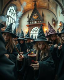 An extreme macro close-up captures a magical school brimming with young wizards, presented in a dreamlike and surreal style. 