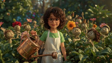 In a vibrant, whimsical, and highly detailed digital photograph reminiscent of Pixar's stylized realism, a bespectacled, curl