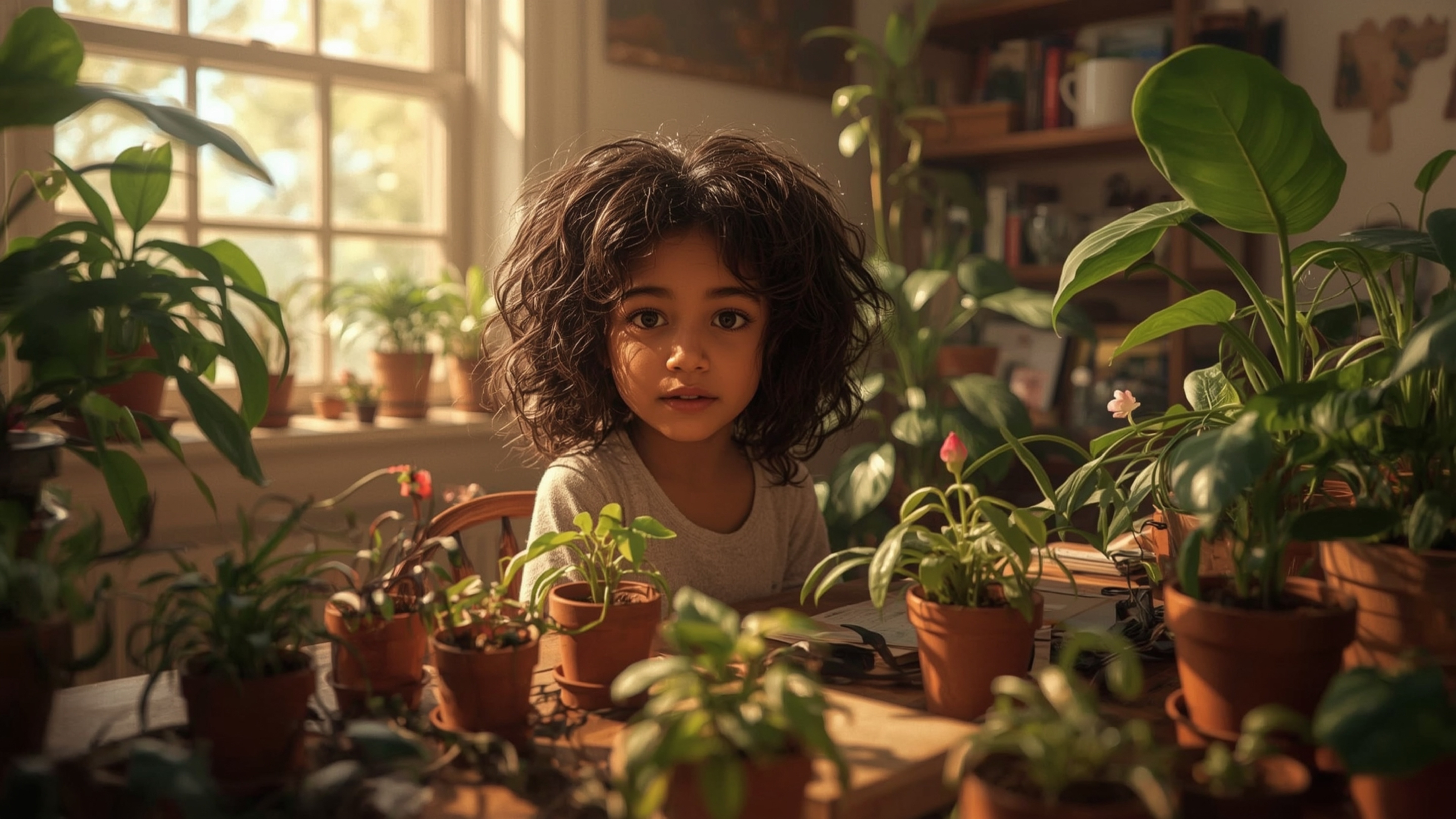 In a warmly lit, cinematic photograph, a bright-eyed, curly-haired young homeschooled genius with a gentle smile sits at a cl