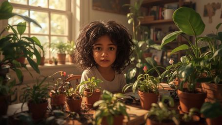 In a warmly lit, cinematic photograph, a bright-eyed, curly-haired young homeschooled genius with a gentle smile sits at a cl