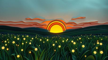 This layered papier-mâché artwork captures a serene sunset over a quiet meadow, illuminated by the enchanting glow of biolumi