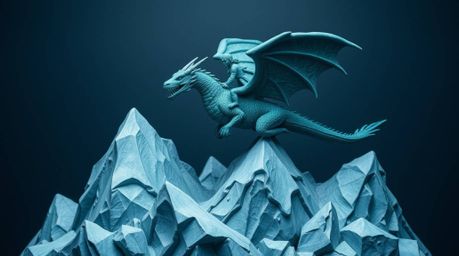 This stunning sculptural clay art piece depicts a dragon and its rider soaring above icy mountains. The cool color palette of