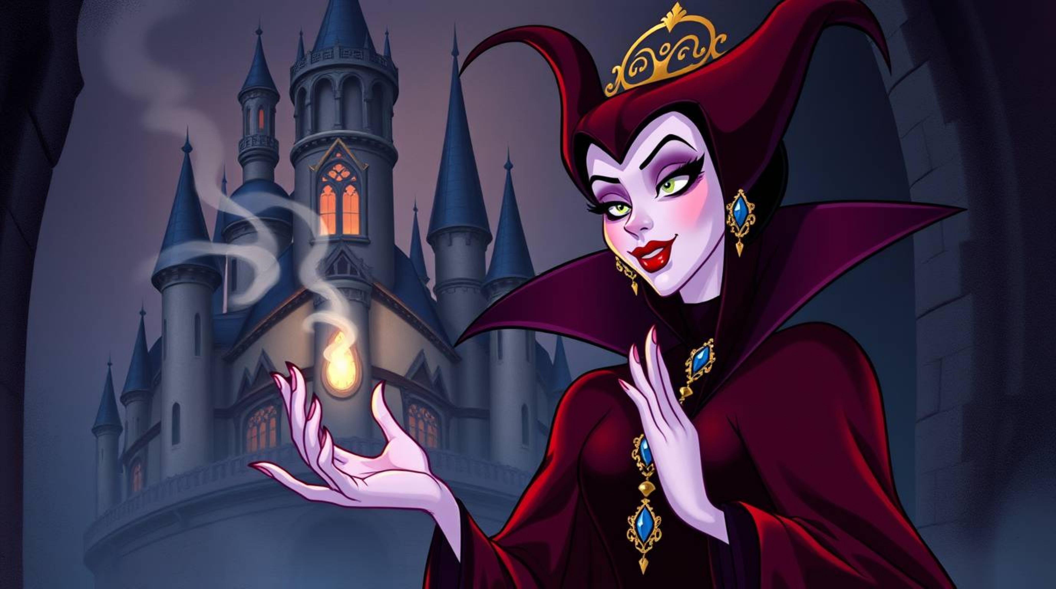 An elegant illustration featuring a classic Disney villain with regal features and fair skin, set in an old castle. The artwo