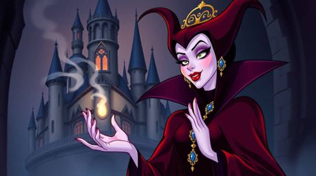 An elegant illustration featuring a classic Disney villain with regal features and fair skin, set in an old castle. The artwo