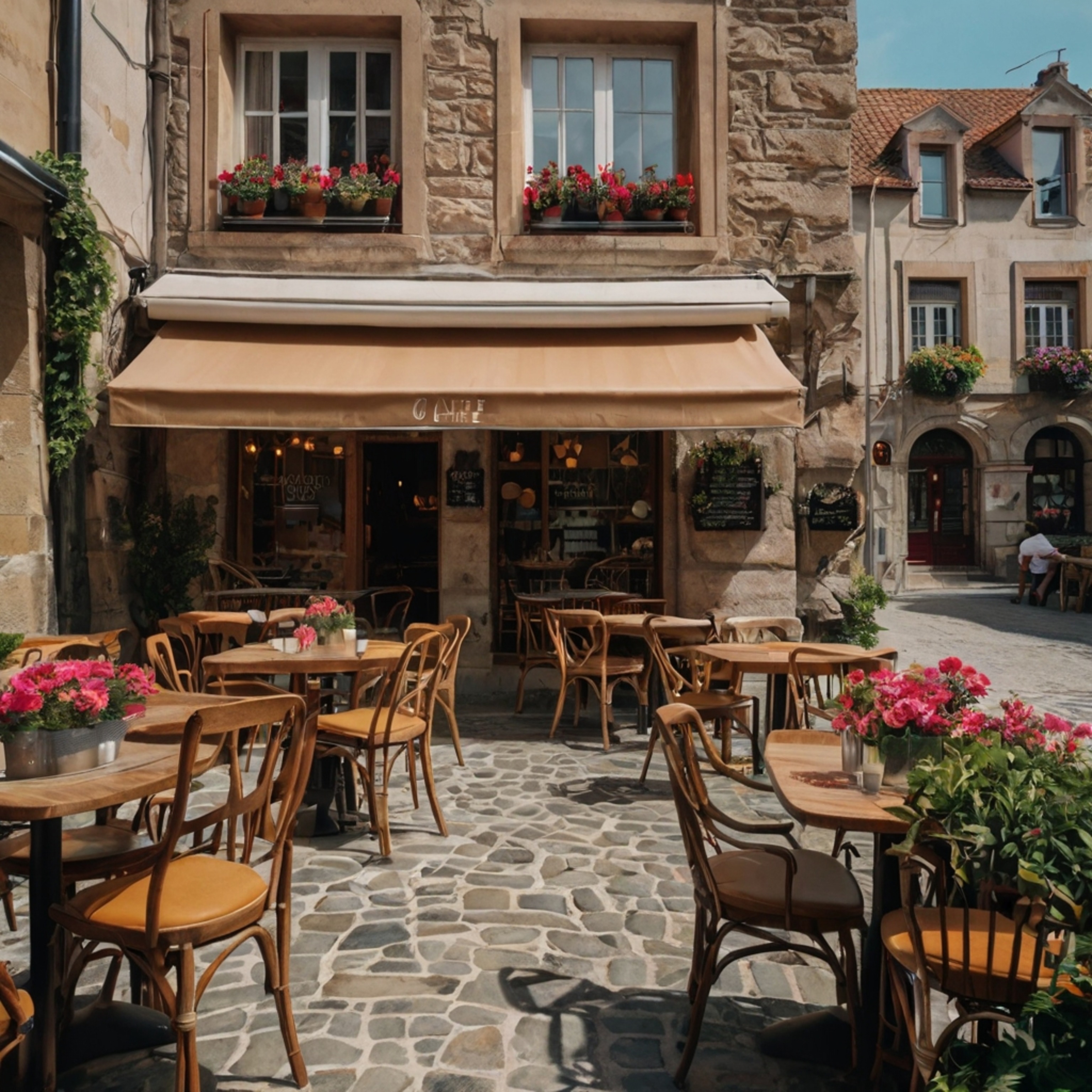 Experience the charm of Europe at our cozy café. Enjoy outdoor seating amidst beautiful stone buildings adorned with vibrant