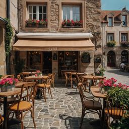 Experience the charm of Europe at our cozy café. Enjoy outdoor seating amidst beautiful stone buildings adorned with vibrant