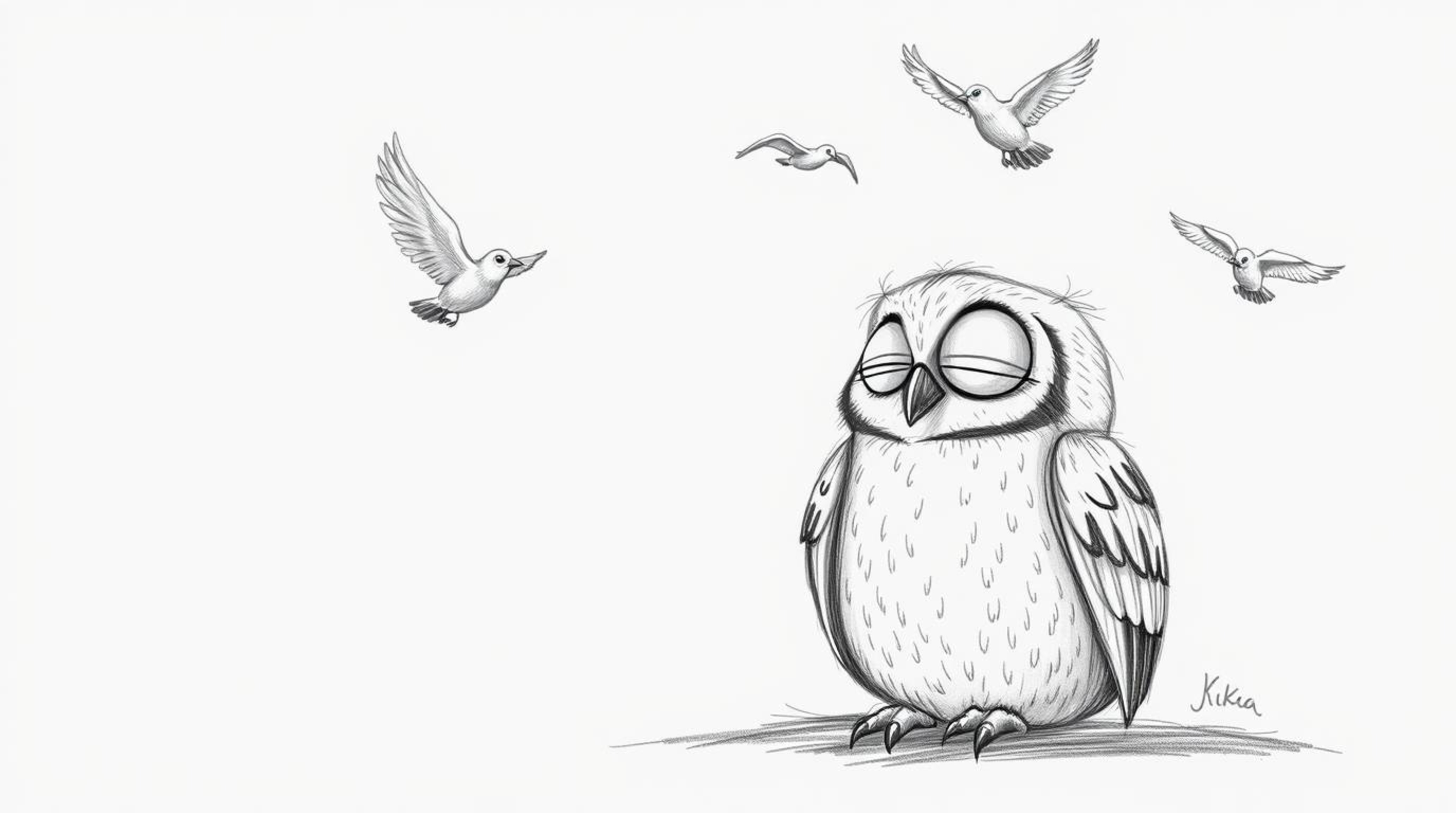 A captivating Pixar-style hand-drawn sketch portrays a blind owl, rendered with textured pencil strokes, finding solace as bi