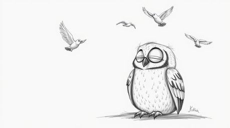 A captivating Pixar-style hand-drawn sketch portrays a blind owl, rendered with textured pencil strokes, finding solace as bi