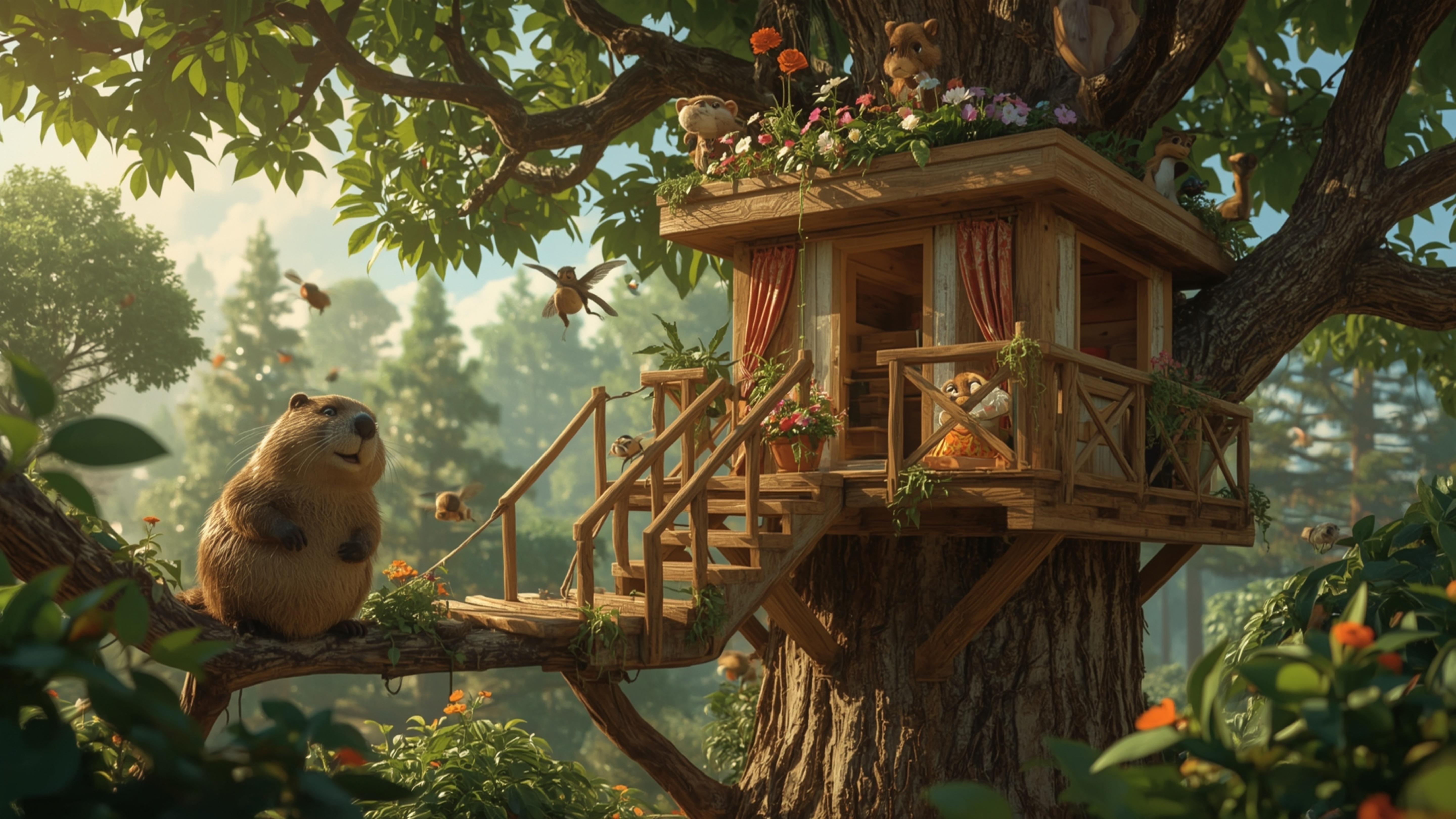 A high-resolution, Pixar-inspired stock photo captures a diligent beaver in a whimsical, vibrant forest, building the perfect