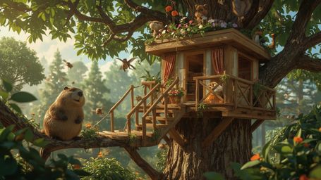 A high-resolution, Pixar-inspired stock photo captures a diligent beaver in a whimsical, vibrant forest, building the perfect