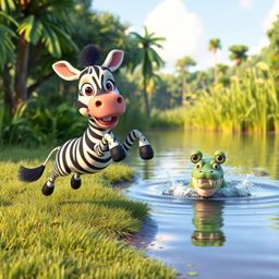 A bright and vibrant scene unfolds featuring a 3D cartoon zebra with big, expressive eyes. Jumping from a lush jungle clearin