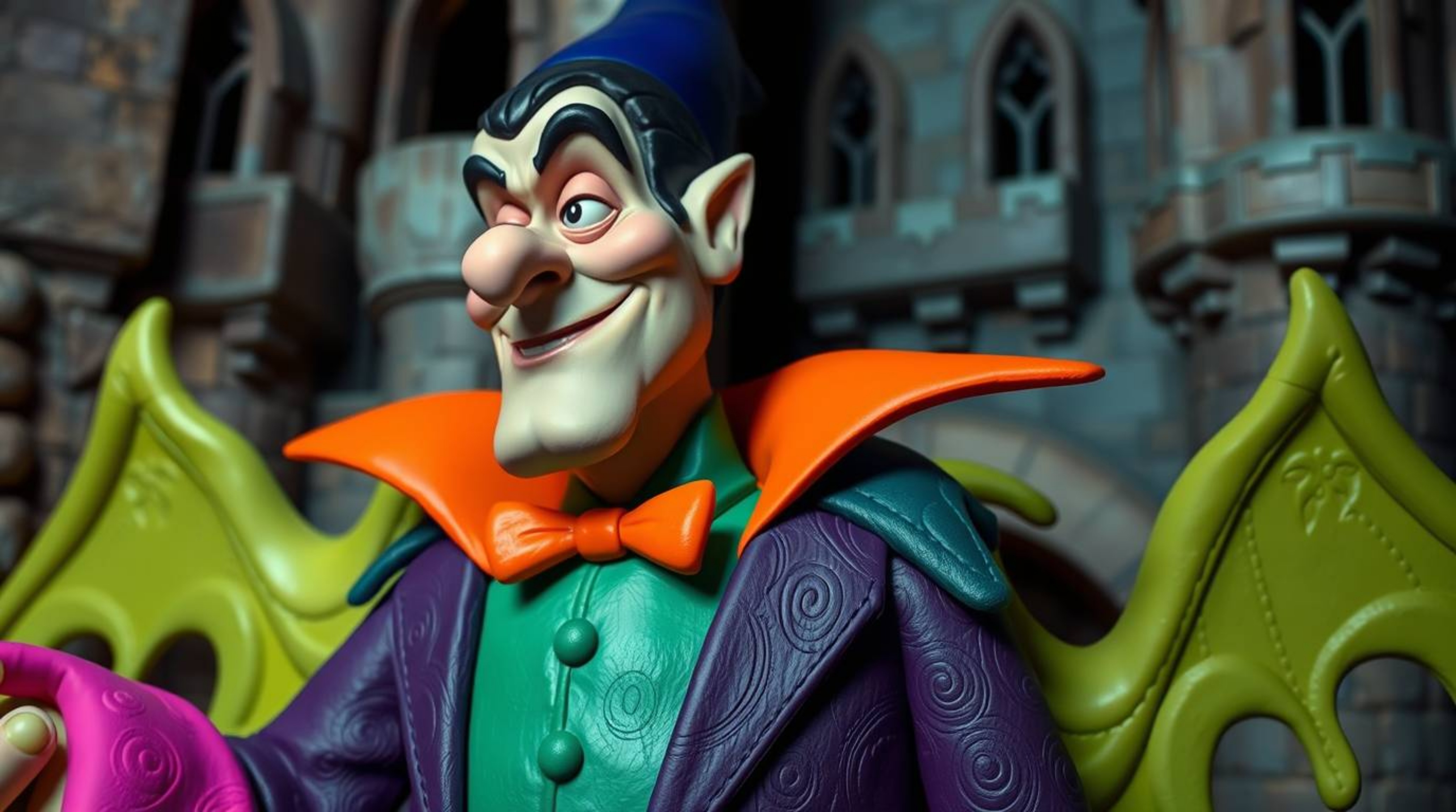This captivating clay sculpture features a classic Disney villain with stylized details and vibrant, electric-colored clothin