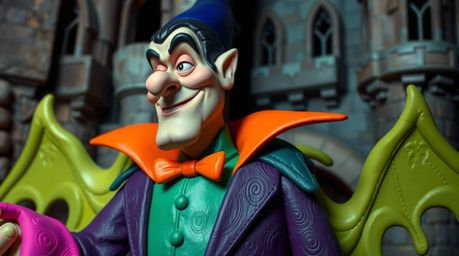 This captivating clay sculpture features a classic Disney villain with stylized details and vibrant, electric-colored clothin