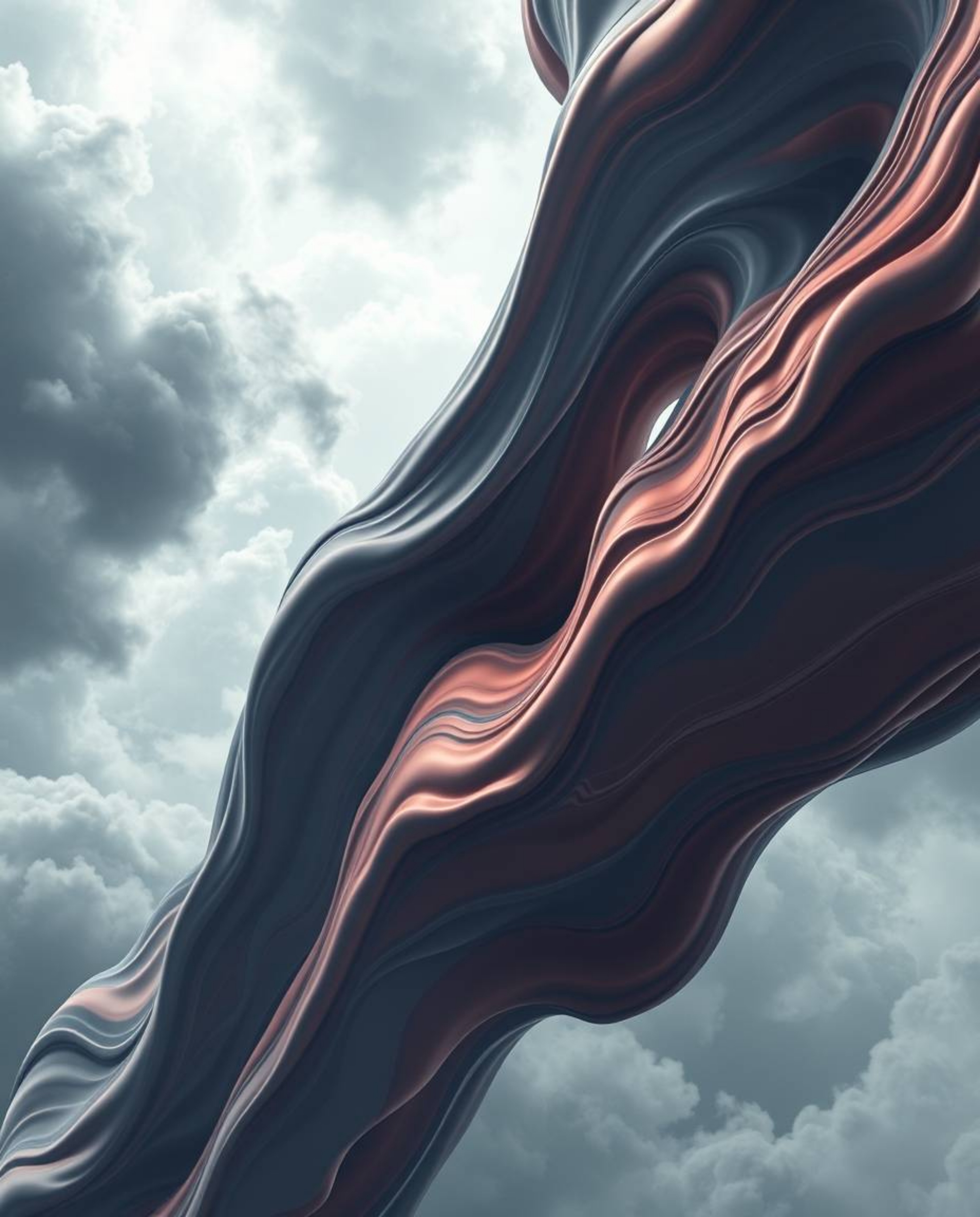 This 3D illustration showcases high angle fluid shapes dynamically morphing into one another against a backdrop of stormy ski