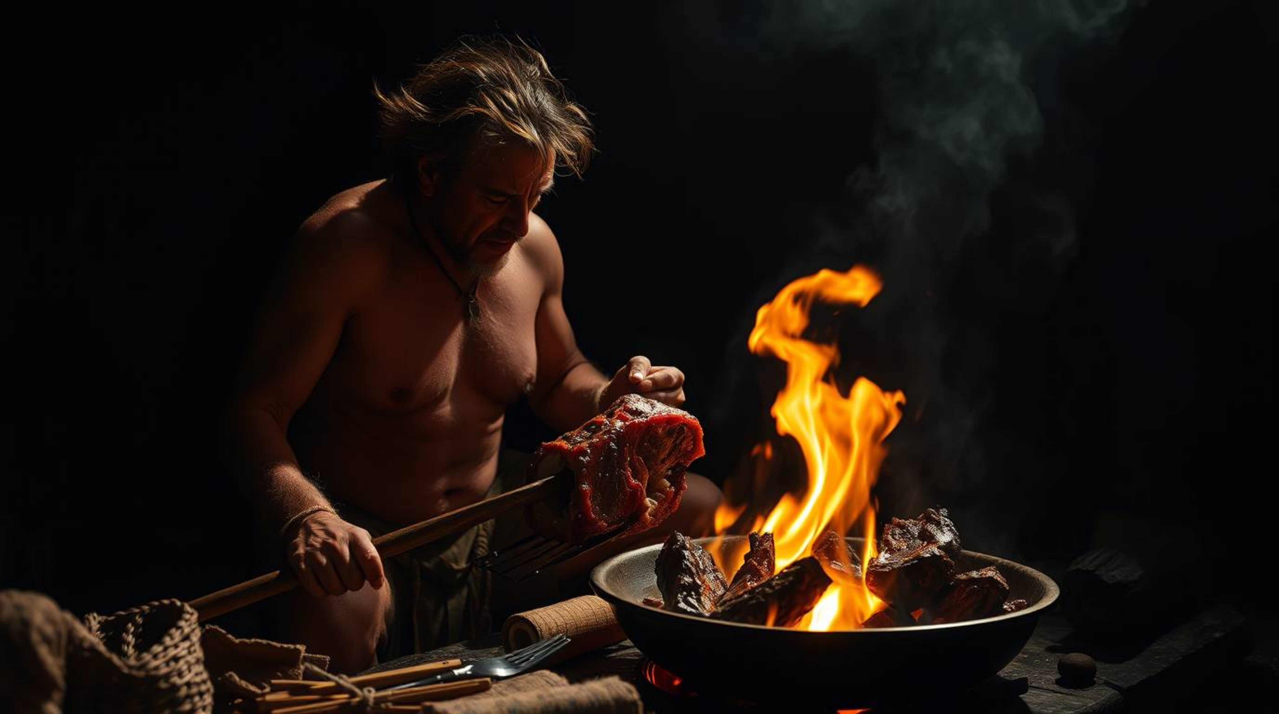 Experience unusual and original fine art photography depicting a caveman cooking mammoth meat.  This image features a warm, s