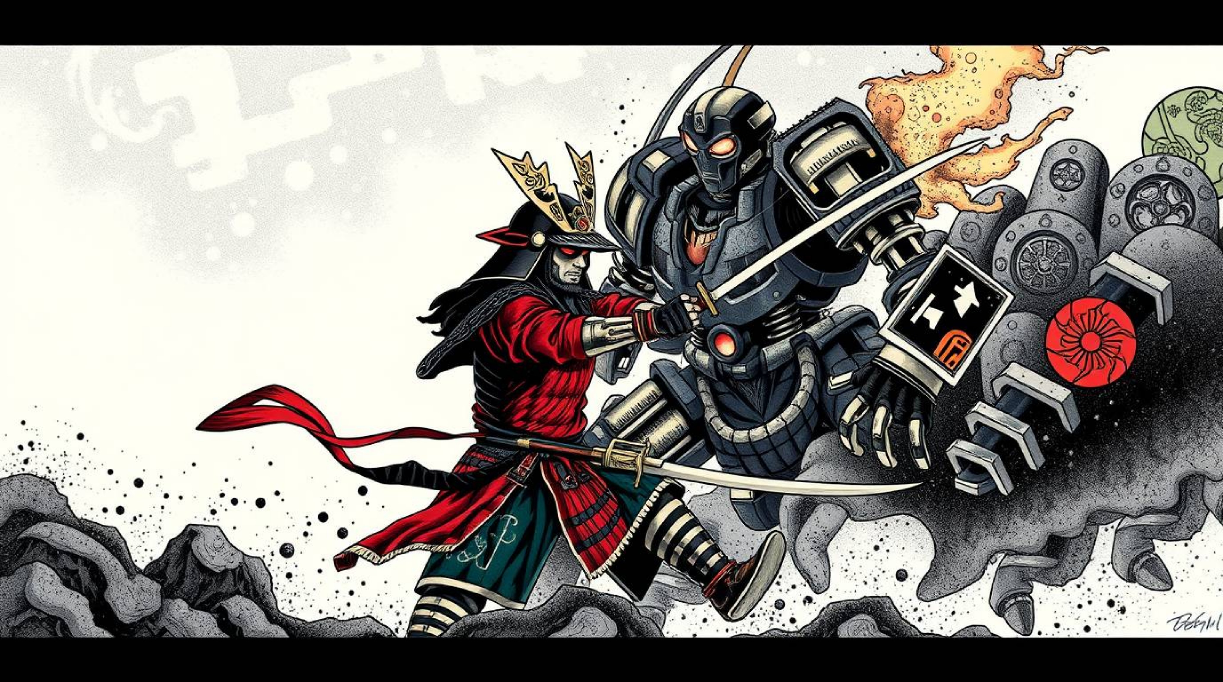 This traditional tattoo art print depicts an epic battle between a samurai and a robot in a gritty dystopian world. Rendered 