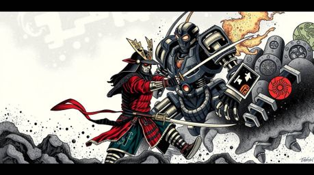 This traditional tattoo art print depicts an epic battle between a samurai and a robot in a gritty dystopian world. Rendered 