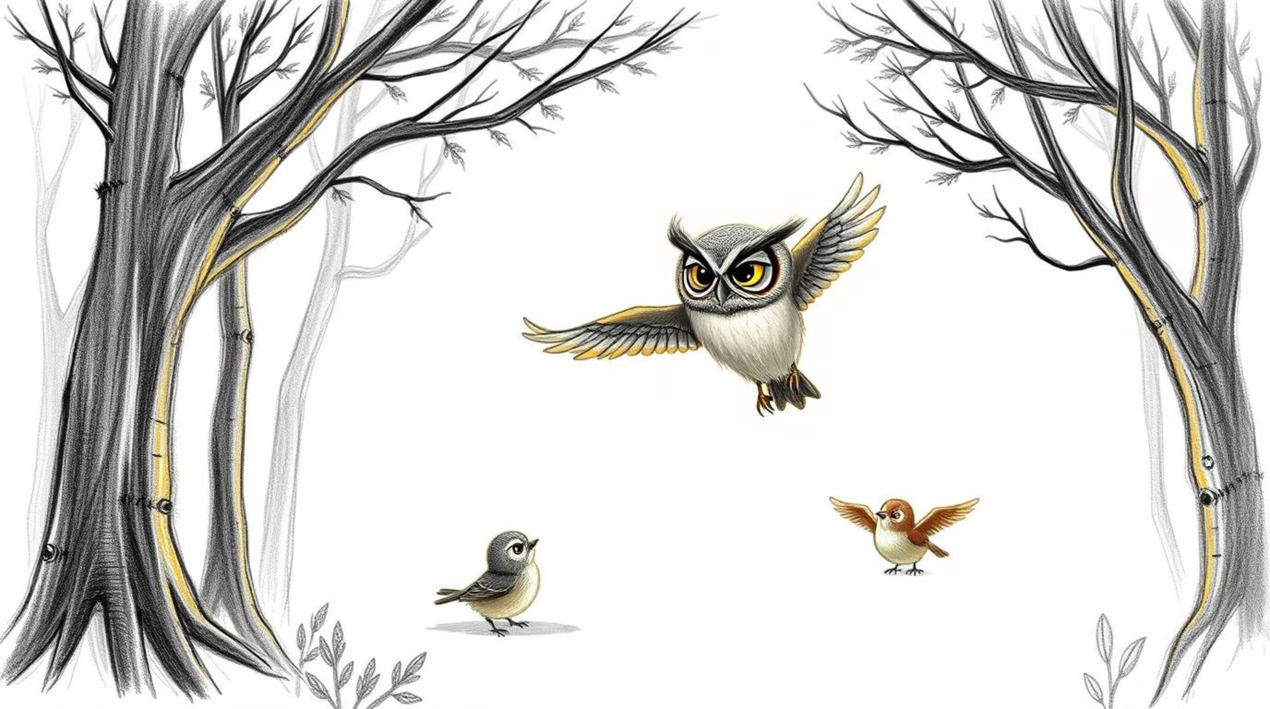 A heartwarming hand-drawn sketch in the style of Pixar, depicting a wise, blind owl patiently guiding small birds in flight. 