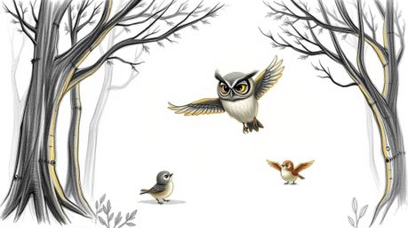 A heartwarming hand-drawn sketch in the style of Pixar, depicting a wise, blind owl patiently guiding small birds in flight. 