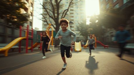 Experience a dramatic slow-motion run through a playground captured in a candid street photography style. The scene features 