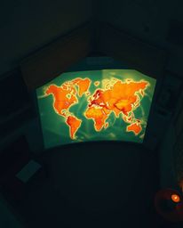 Capture a captivating high-angle view of a luminous map hovering in an aged study, bathed in the warm hues of terracotta and 